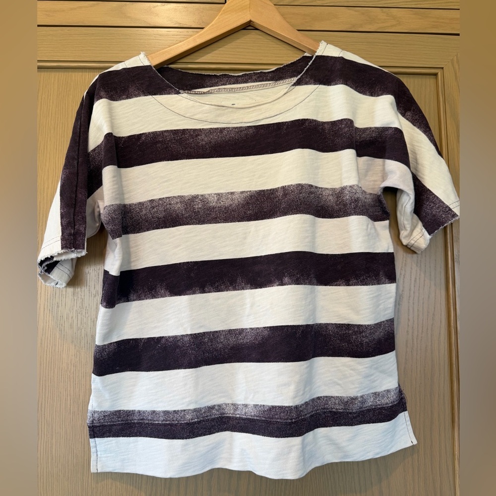 Madewell Cream and Deep Plum Striped Short Sleeve Top Cotton Tee SM